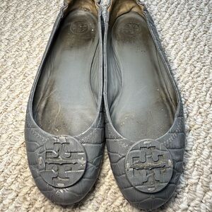 Tory Burch Croc-Embossed Gray Flats